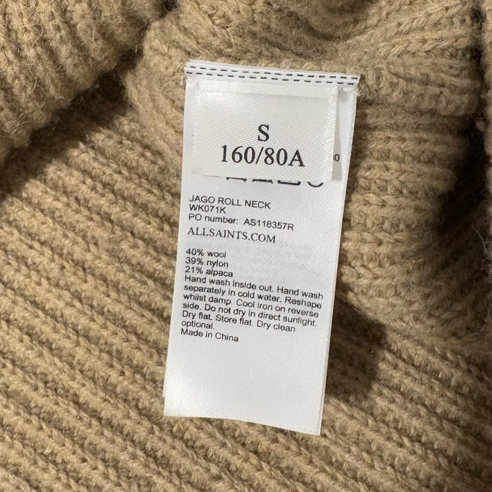 Allsaints Beige Jago Roll Neck Wool Blend Sweater Size Small Neutral Knit Alpaca - Picture 7 of 7